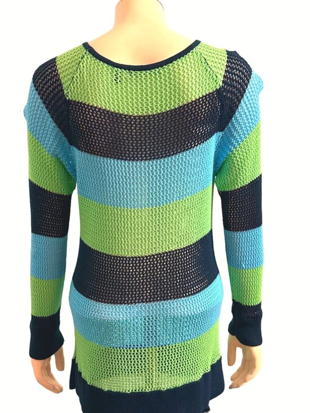 525 America L Green Blue Mesh Tunic Open Knit Sheer Striped Resort Coastal Layer - Picture 5 of 12